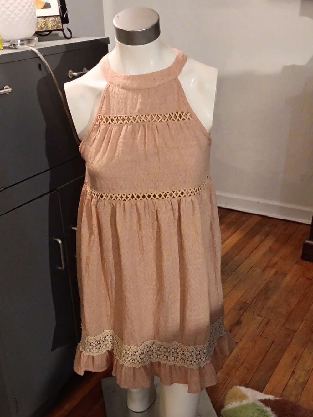 Peach Crochet Trim Halter Mini Dress